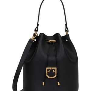 Furla Black Leather Drawstring Bucket Bag with Gold Hardware